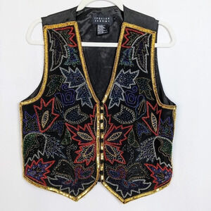 Spencer Jeremy Vintage 90s Floral Leaf Beaded Sequin Embellished Silk Vest sz.M